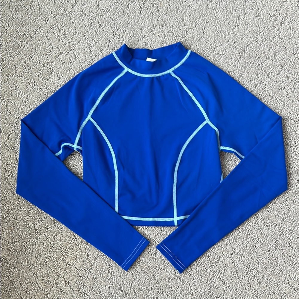 Fabletics Pureluxe Long Sleeve Crop Top High Neck Activewear Royal Blue S EUC